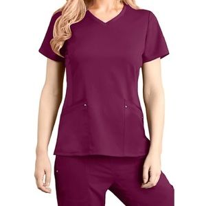 Healing Hands Purple Label Yoga Scrub Set - Maroon. Medium Top, Small Bottoms.